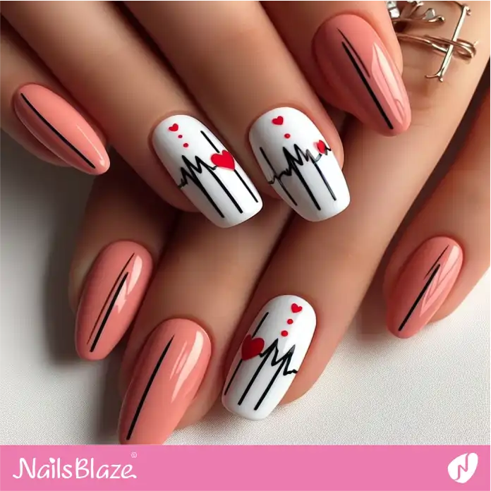 Peach Fuzz Almond Nails with White Squoval Nails Having Heart Beats | Valentine Nails - NB2381